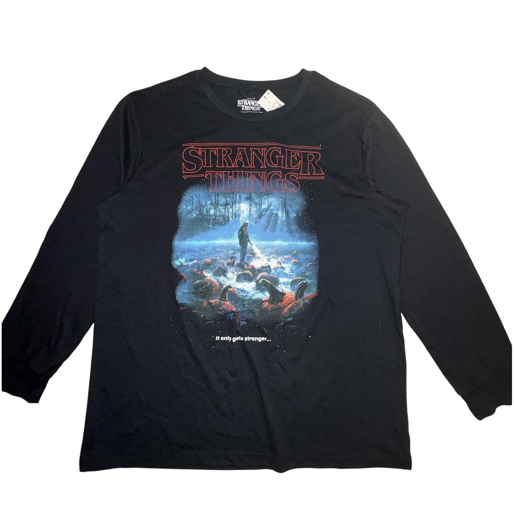 Netflix Stranger Things Mens XXL Black Long Sleeve Graphic Tee Hopper Pumpkins